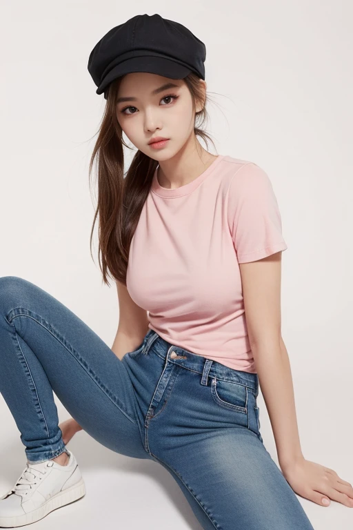 Masterpiece, best quality,1girl,(white background:1.2),(sitting),pink shirt,,(wearing skinny jeans:1.2),(headwear),High ponytail,Full body,(small breasts),slender fit,muscled body,
(RAW photo, 4k, photorealistic),(Masterpiece),(best quality:1.2),(high reso...