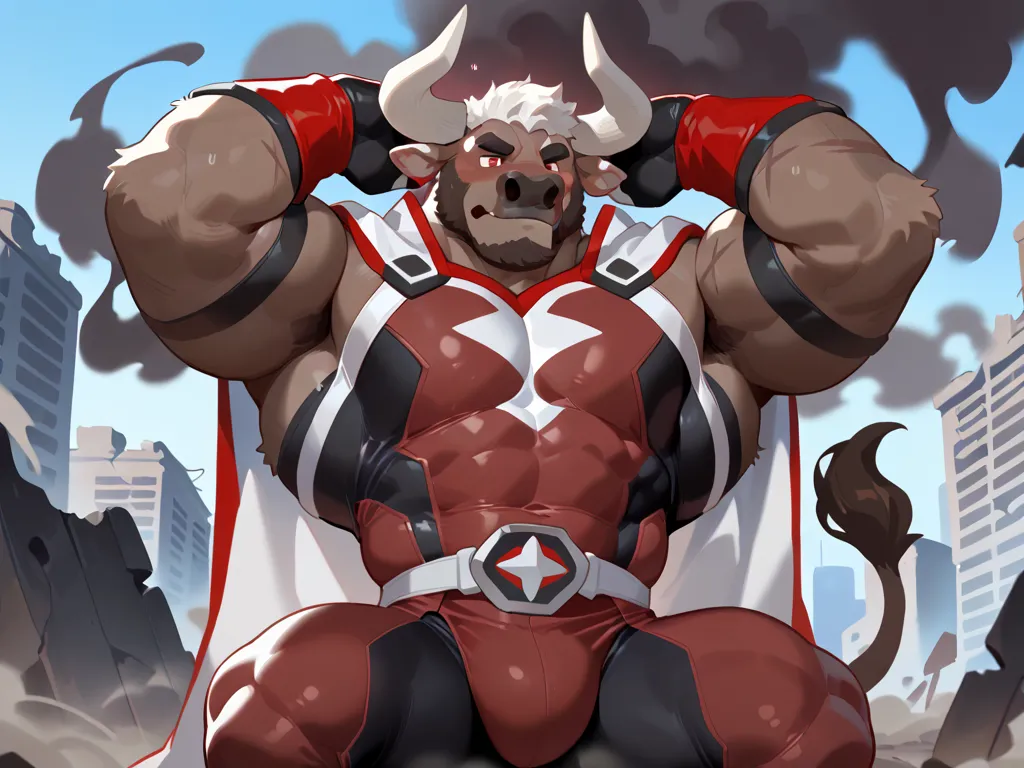 //Character

1boy, solo, anthro furry, minotaur, bull, large curved horns, brown fur, brown-black beard, dark patterns, red eyes, eyes with scars, white hair, brown-black hair tips, brown-black chest hair,

//Dress

red and black superhero suit, two-tone b...