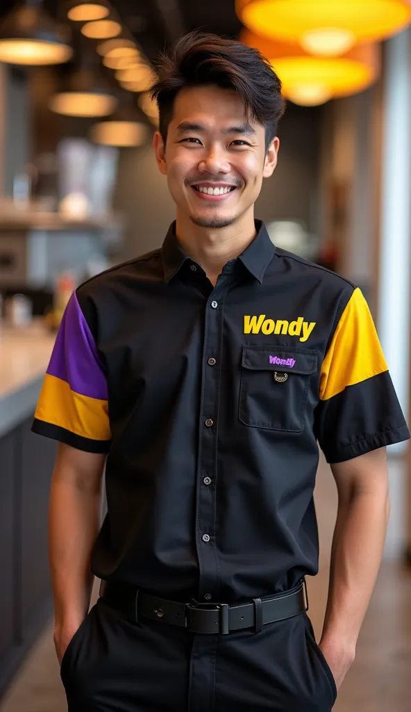 Act like a professional designer and design a black ice cream shop uniform shirt,  yellow , and purple with the name WONDY on the right breast