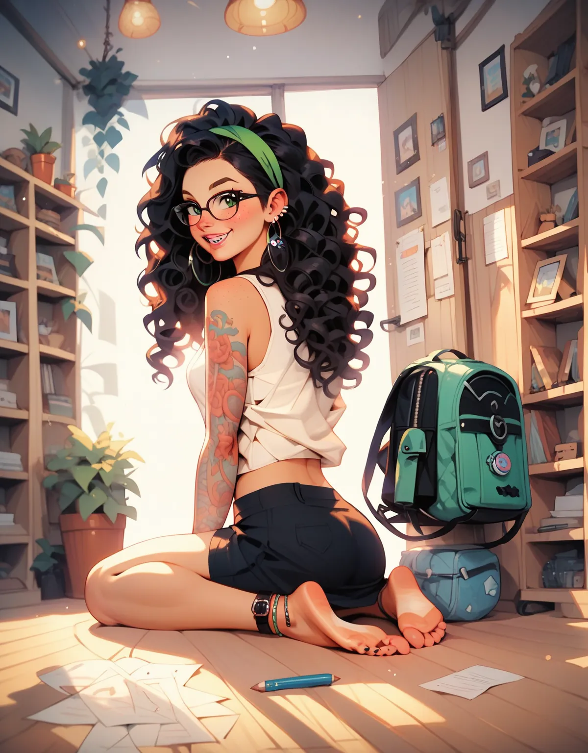 score_9, score_8_up, score_7_up, score_6_up, female, solo, nerdy, quirky, green eyes, perfect face, perfect body, black curly hair, hair band, glasses, freckles, braces, smiling, bashful, earrings, tank top, painted fingernails, arm tattoos, short pencil s...