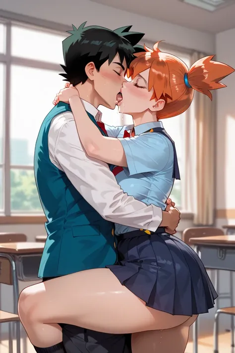 Misty (Pokemon_HGSS), black schoolgirl uniform, curvy, indoors, school, french kiss, ash ketchum. hug by the waist, schoolboy uniform.