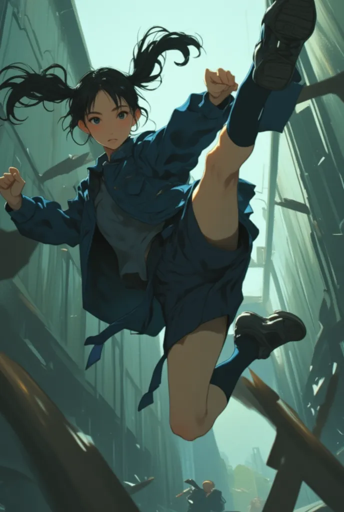 A young Asian woman, appearing to be in her late s, is depicted in a dynamic, mid-air pose, as if performing a martial arts kick. She is positioned slightly off-center to the left of the frame.  She is wearing a dark blue school uniform-style outfit consis...