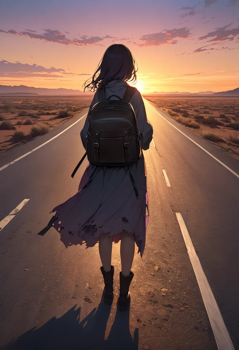 A traveler who is dressed all over his body、A shadow that is extended、Create a hyper-realistic image of a solitary weathered female traveler standing on an endless empty road at sunset, She should be wearing tattered and dirty clothing with a dusty backpac...