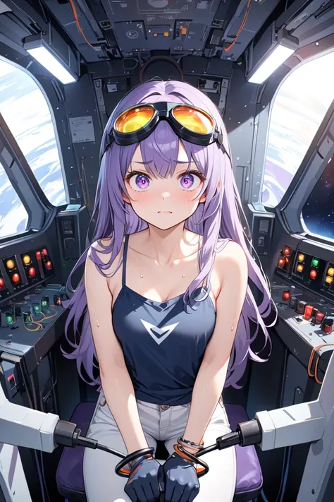 Solo, upper body, inside space ship, dizzy eyes, sweat, strap slip, wires, piloting controls, switches, control switches, flashing lights, gloves, nervous young woman with purple eyes, purple hair, long hair, swept, bangs, standing at attention, thin, gree...