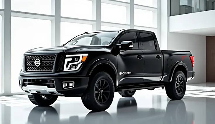 in black nissan titan pickup 2025 in back in showroom