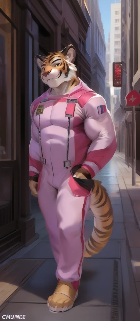   alone  , Male​ tall​., huge body,​standing, street ,  koala tiger ​,tail​ crocodile​ long, ​ heavy  เกินพิกัด,   muscle bound , pink Military Spacesuit,Smirking evil , by chunie  