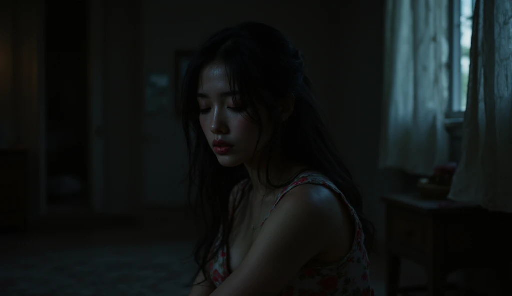 "A woman, miyabi, japanese, a woman in her 30s, large breasted, with long black hair, dressed in a floral mini dress sitting alone in a dimly lit room, her face reflects deep contemplation and sadness. She looks torn between two choices, with shadows playi...