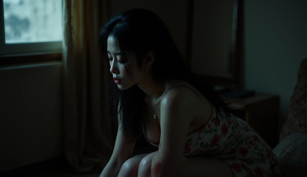 "A woman, miyabi, japanese, a woman in her 30s, large breasted, with long black hair, dressed in a floral mini dress sitting alone in a dimly lit room, her face reflects deep contemplation and sadness. She looks torn between two choices, with shadows playi...