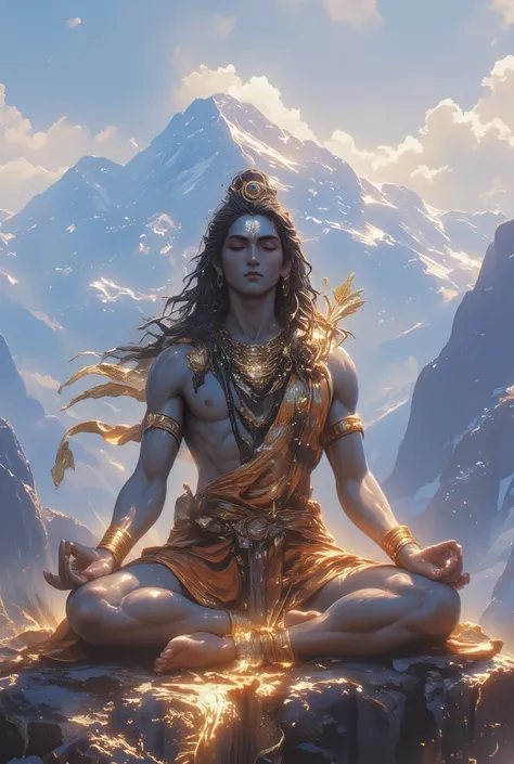 Create an image of Lord Shiva sitting in a meditative pose, with snowy mountains in the background and Lord Shiva wearing a tiger skin garment below his waist.