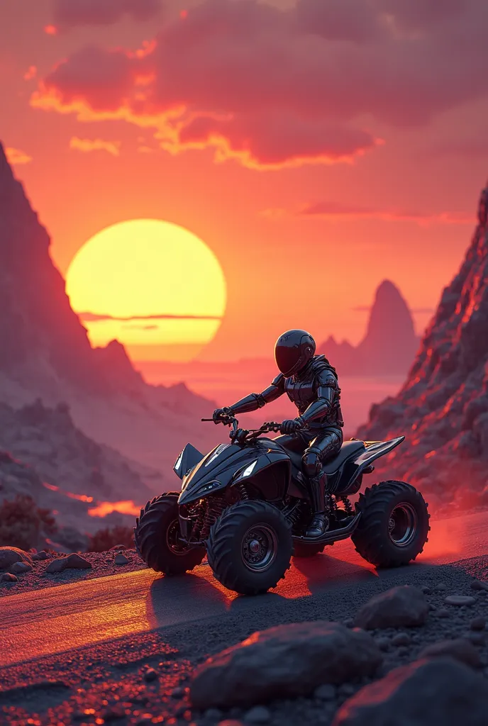 Sunset on a fantastic planet. Incredible colors. The road between the craters. Space quad bike. The cyborg is driving. Digital art