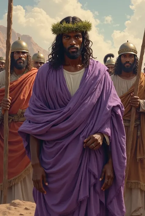 Depict black israelite Jesus in purple gown and cactus crown front of Herode and roman soldiers come to arrest Jesus. Rustic, realistic, beautiful expression. 