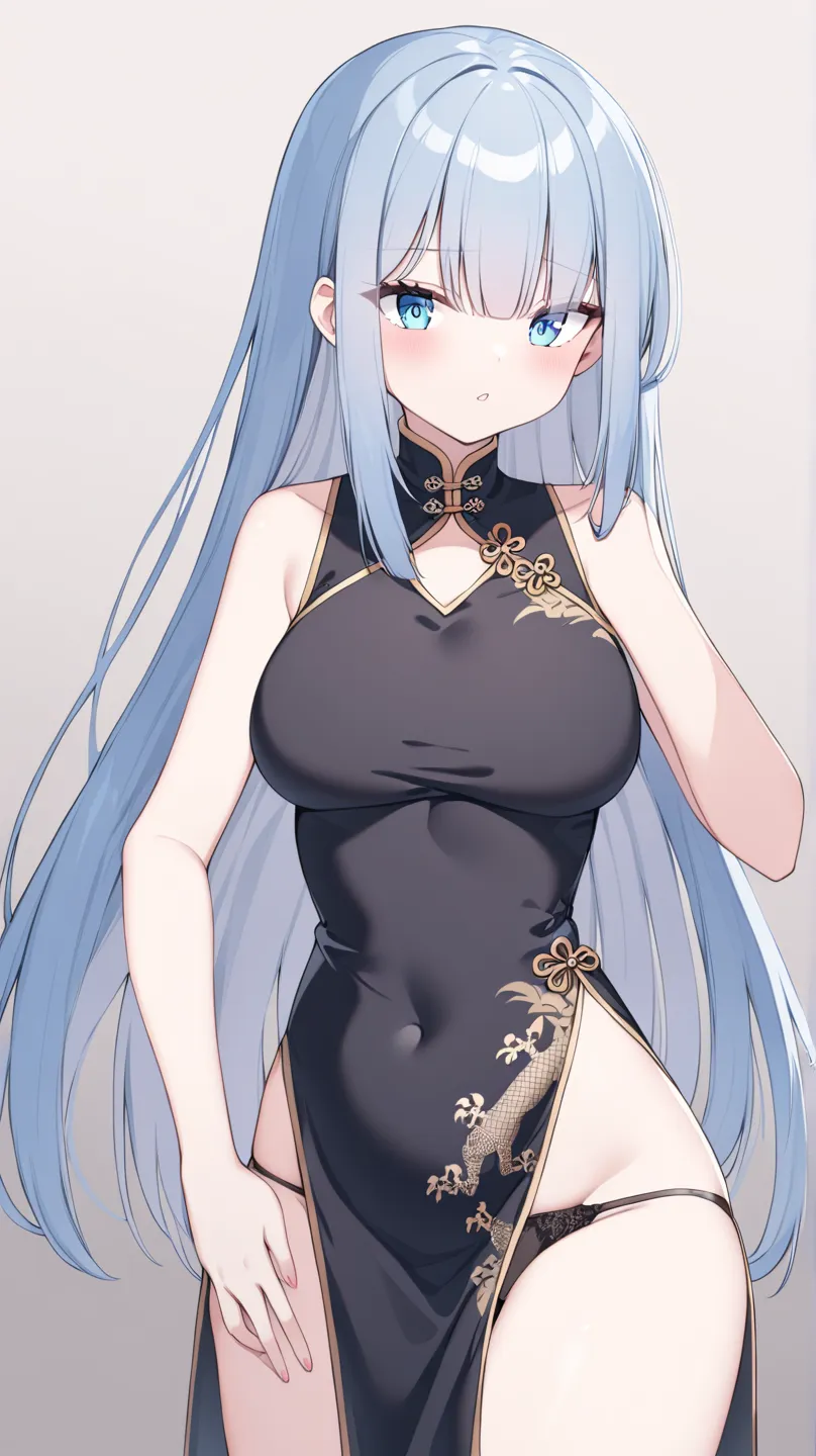 F cup long straight hair Chinese dress, black dress, slit underwear, panties in sight, straight hair, blue eyes