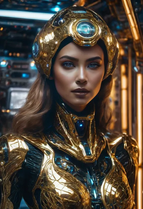 Extraterrestrial alien woman, night dress, They are considered to be one of the most beautiful races in the galaxy , Sensual eyes and lips, wearing a gold inlaid , There is a, gems and diamonds,  inlaid with gold in the space station's control center.  hyp...