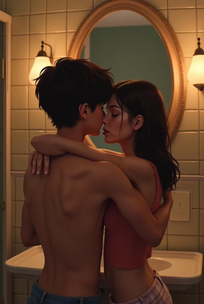 They are 15-year-old French ren hugging each other in front of a mirror (we can't see the heads of either of them except the boy) and they are facing a bathroom mirror in a bathroom.