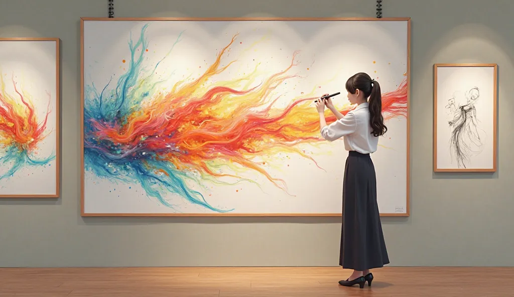 An Japanese girl wearing professional attire stands gracefully in front of an art piece in a gallery, holding a pen and drawing in the air, with vibrant strokes of color trailing from the pen tip, creating an imaginative and captivating scene