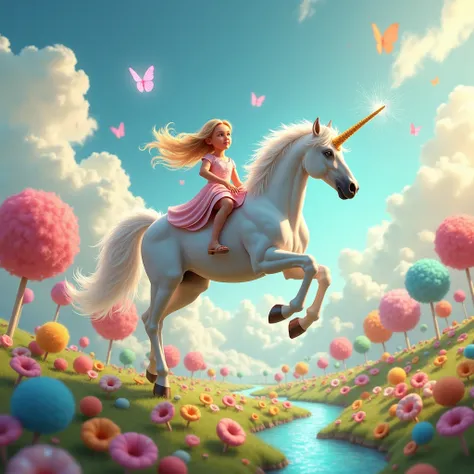 
A snow-white unicorn with a silvery mane, a sparkling golden horn flies over sparkling rivers with a blond girl on its back, through fluffy clouds, about a huge, colorful meadow full of lollipops, Rote, blue, green and even shimmering rainbow lollipops gr...