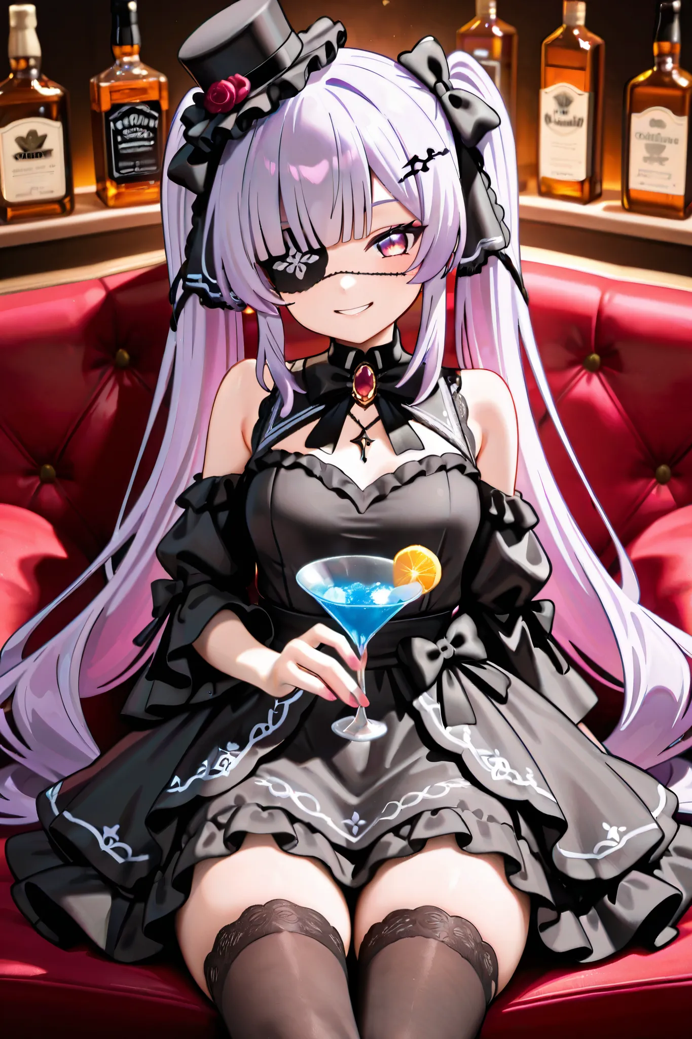 "Exquisite Quality, best quality, in 8K resolution, rich contrast, sharp focus. Anime-style gothic lolita character with lavender hair styled in long straight twin-tails flowing down her back, tied with black long ribbons that reach her waist. silky hair, ...