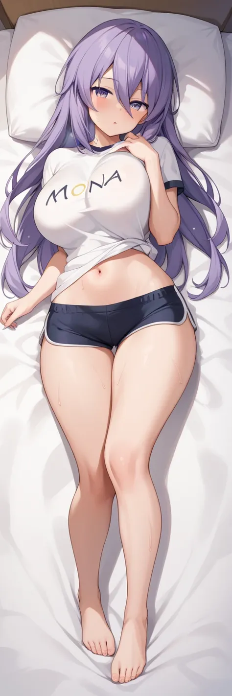 Long purple hair,moona hoshinova,yellow inner hair,purple eyes,bangs,hair between eyes,huge breast,white gym shirt,mini shorts,bed,wide hips,look at viewer,concern,sweating,full body view