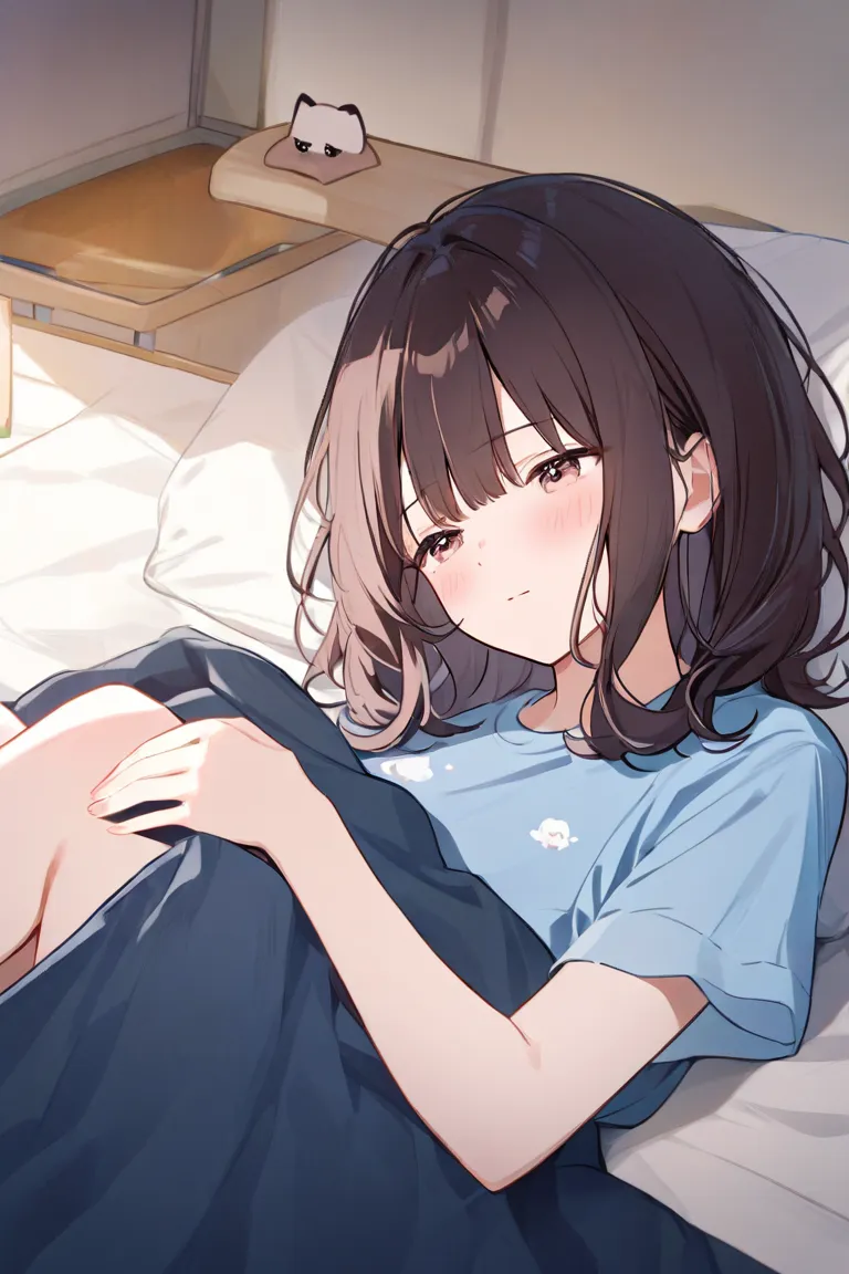 2 women、 1 girl、milk tea colored hair、 shoulder-length hair 、Curls up inward 、Dog-like atmosphere、 female 1、 1 girl、  long dark hair、  Blue T-shirt、 bed、 down、 dim room 