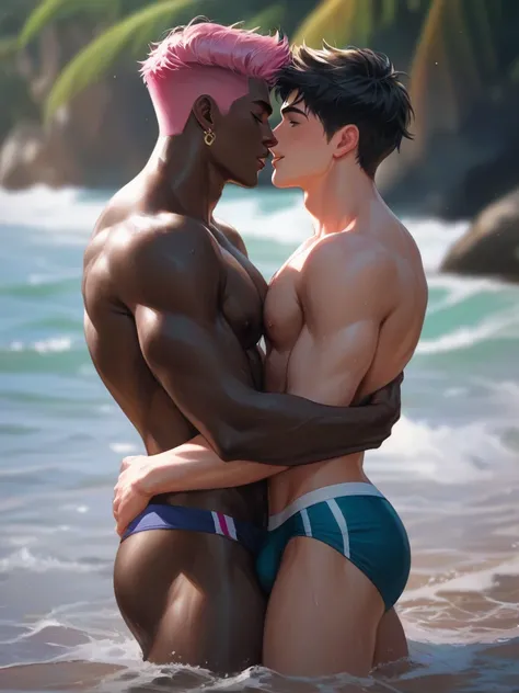 score_9, score_8_up, score_7_up, score_6_up, score_5_up, score_4_up, highest quality, depth of field, natural light, light rays, raytracing, interracial gay male couple embraced front to front bigger dominant african male with black hair on top of smaller ...