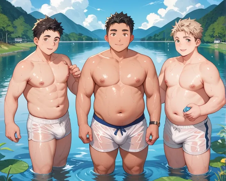 Japan,Japan人, middle school student,male,Group of 4,countryside,{White shorts, wet and transparent, erections,bulge}, shirtless,lake, chubby