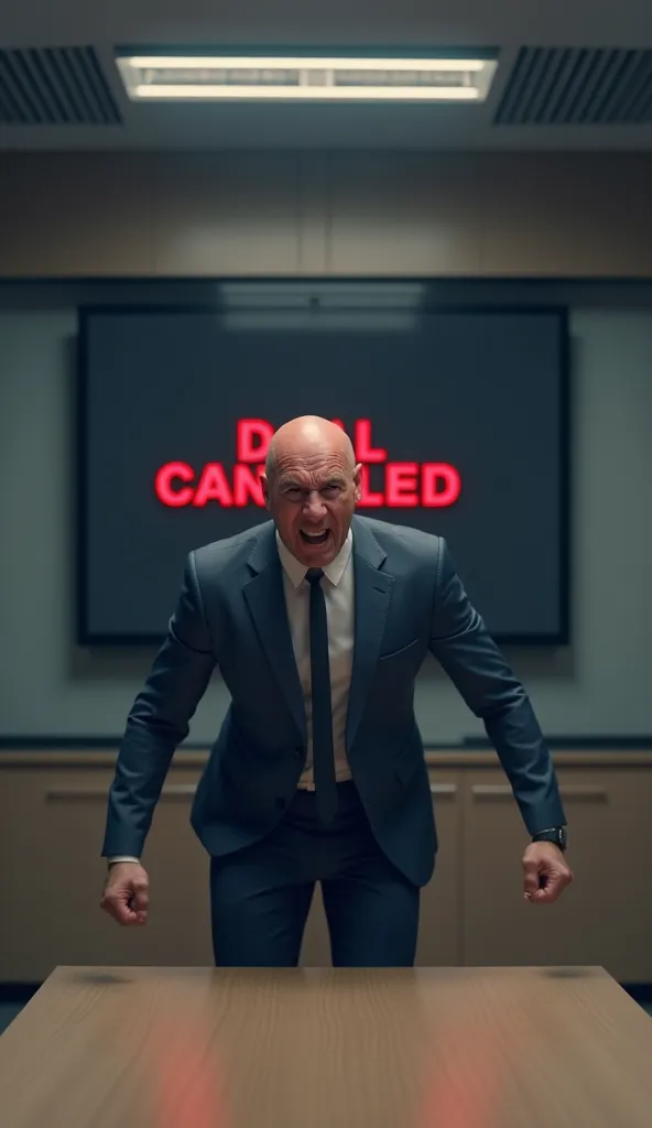 The CEO (red-faced, slamming his hand on a table) stands in front of an empty conference table. A screen on the wall displays "Deal Canceled."  