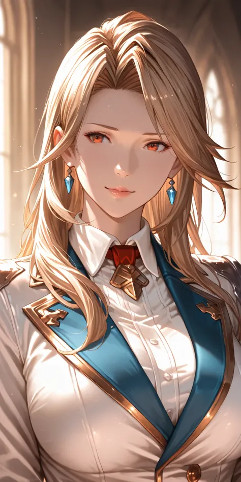 Masterpiece, very aesthetic, vibrant, high contrast, elegant mature female, katalina (granblue fantasy), bun hair, upper body, formal uniform, soft light, best quality, semrealistic, granblue fantasy cg style