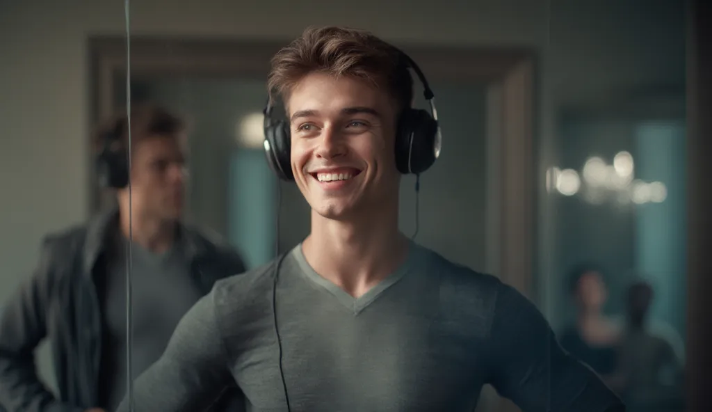 "A confident young man standing in front of a mirror, smiling and imagining his success. Another scene shows a person wearing headphones, eyes closed, feeling the energy of deep bass music. Another frame displays a man standing tall with his chest out and ...