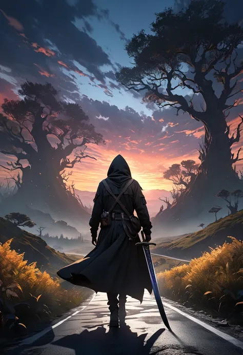 Create a Dark Fantasy-style image featuring a lone traveler on an endless road under a stunning sunset, The scene should have a moody and mysterious atmosphere with deep shadowy colors and eerie glowing flora, The traveler, dressed in rugged and fantastica...