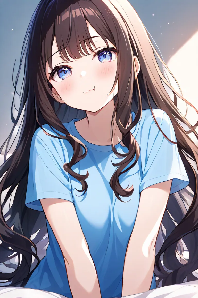  1 girl（ milk tea colored hair、 shoulder-length hair 、Curls up inward 、Dog-like atmosphere、 cheeks）、 female 1（ long dark hair、Blue T-shirt、 Utsuro Nome、Push your opponent down ）、 dim room 、 bed、Delicate air