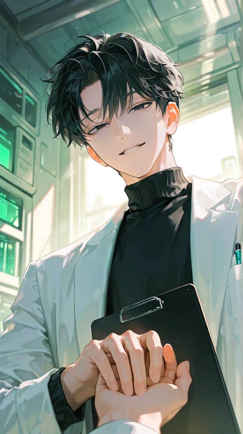 male,black hair,pupil with black eyes,soft hair,fluffy hair,short hair,lab coat,laboratory,Inorganic space,sunlight shines through the windows,mole under eye,agreeable youth,kind smile,black turtleneck,researcher,calm atmosphere,hold the clipboard in your ...