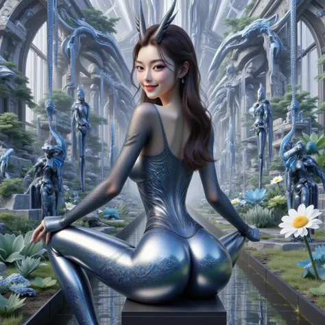 ( masterpiece,   Best Quality :1.2), 1 Girl,  alone，butt，alone，Looking back，Smile，Dragon Horn，Leather pants，high-waisted sai，silk long sleeve，Baiyu Dragon Palace