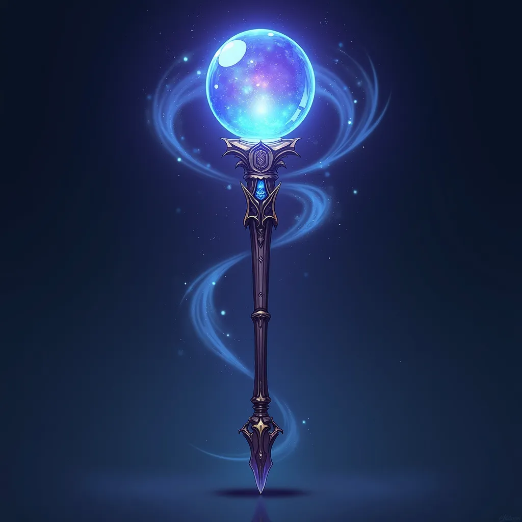 "Design an anime-themed mage's staff that radiates magical energy. The staff should be elegant and intricate, with a fantasy anime aesthetic. The main body of the staff is made of dark, polished wood, engraved with glowing runes that pulse with soft blue l...