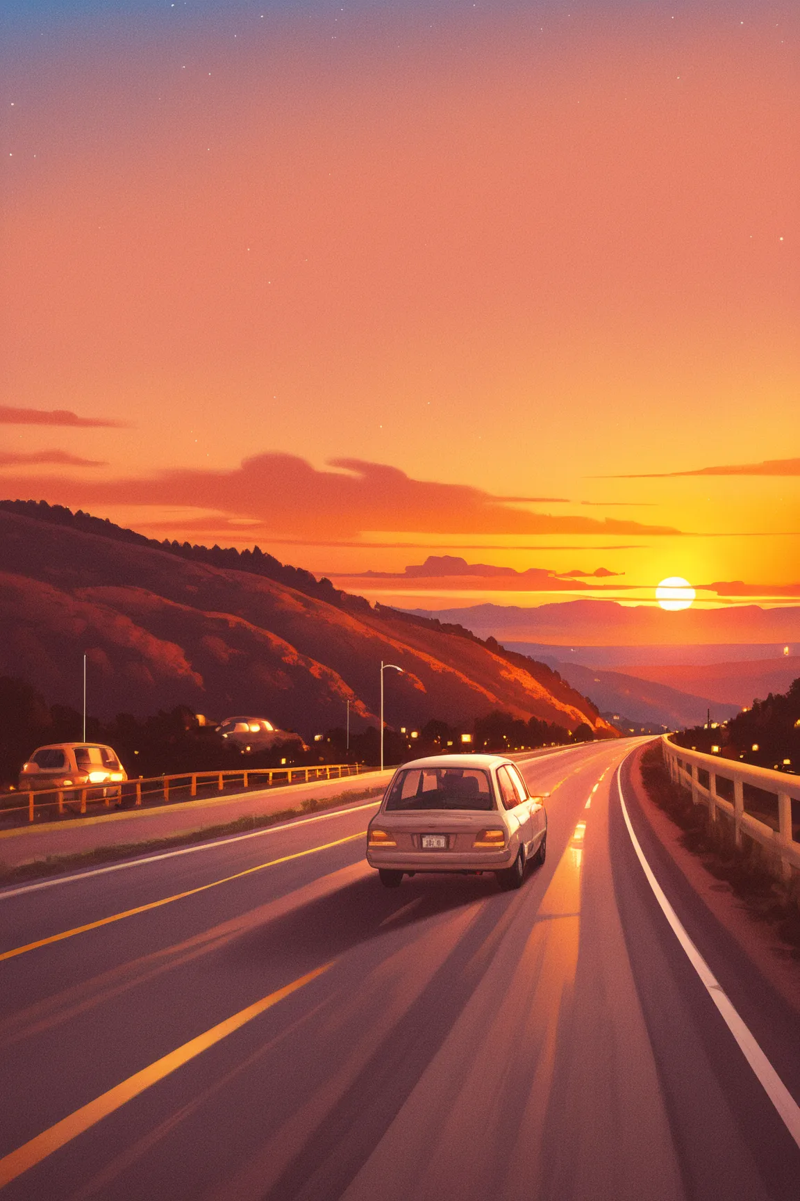 Road Trip at Sunset, car, sunset, Vast roads,  Scenery, Warm colors, Sky Gradients, Travel Adventures, free,  sense of openness , car内のシルエット