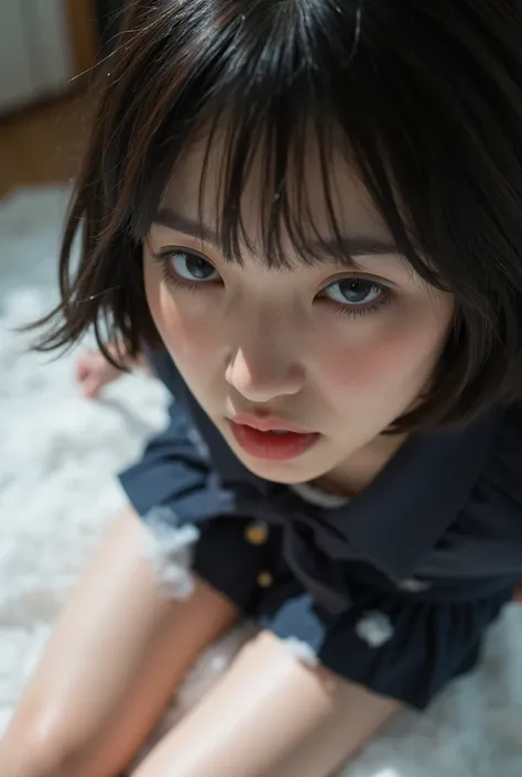 skirt with school uniform Abusive reproductive act with white water soaked face body legs neat Japanese beauty ager aroused girl beautiful pure skin black hair straight short cut hair style small face modest and thin upper lip looking up and blow job with ...