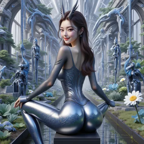 ( masterpiece, Best Quality :1.2), 1 Girl, alone,butt,alone,Looking back,Smile,Dragon Horn,Leather pants,high-waisted sai,silk long sleeve,Baiyu Dragon Palace