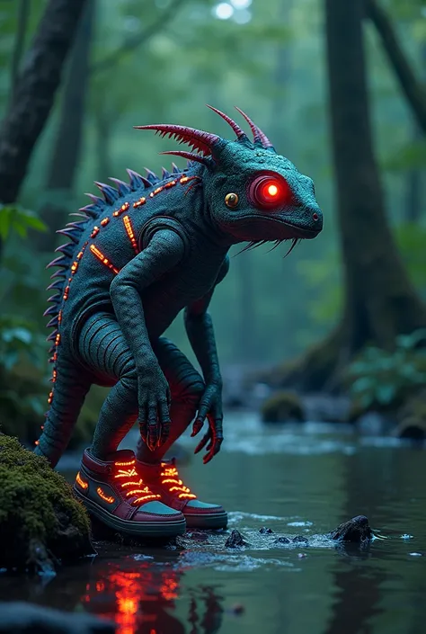 Mystical bioengineered woodland creature with chameleon-like skin, adorned with intricate cybernetic implants and neon sneakers, colorful bioluminescent skin patterns, standing beside a shallow forest stream with glowing reflections, ultra-realistic, haunt...