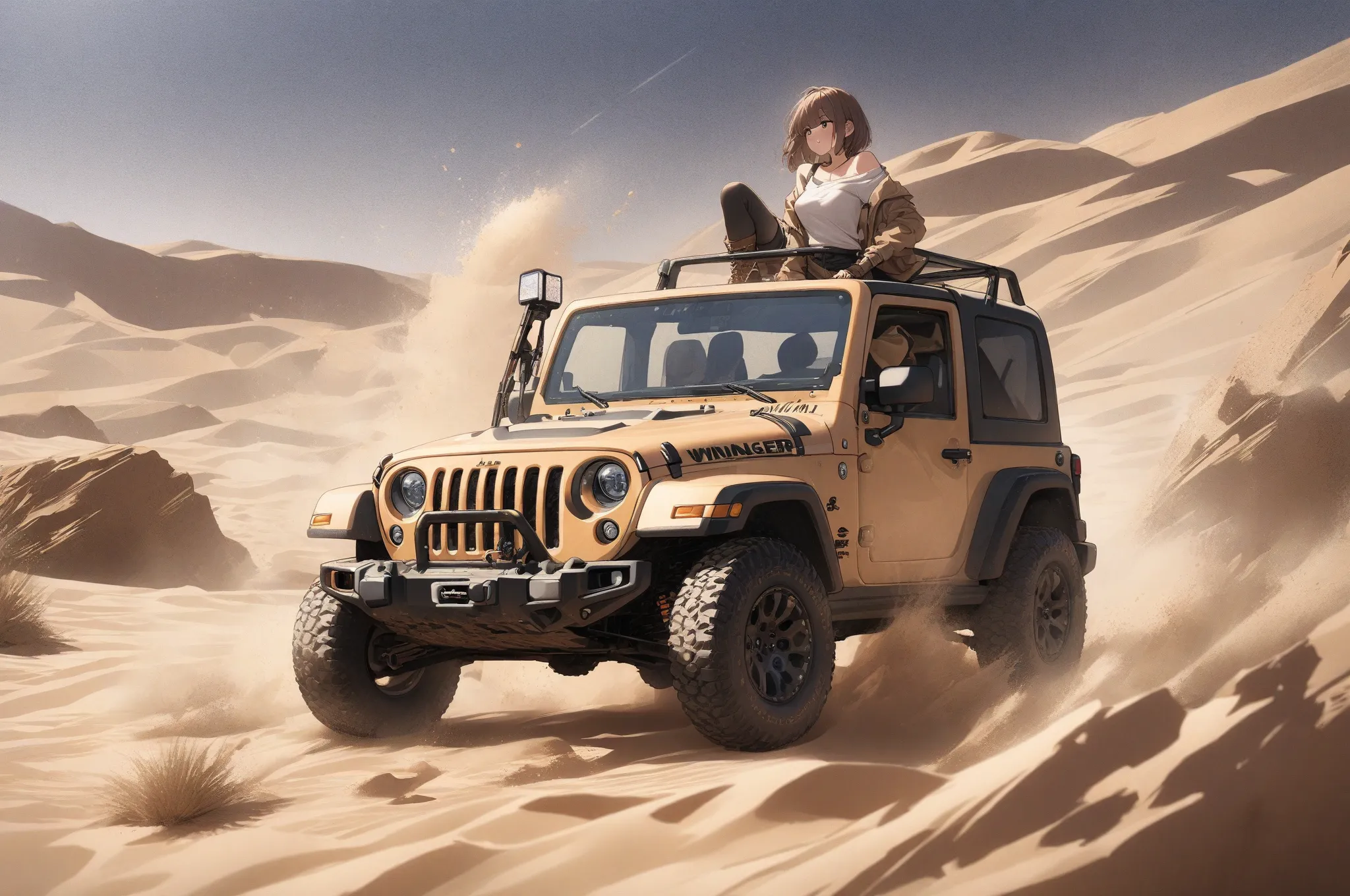 (masterpiece, detailed:1.2), One Girl, (18-years old), brown long Bob Cut, Medium Breasts, off shoulder, boots, BREAK, Highest quality, in desert, BREAK, standing,"Jeep Wrangler", from avobe