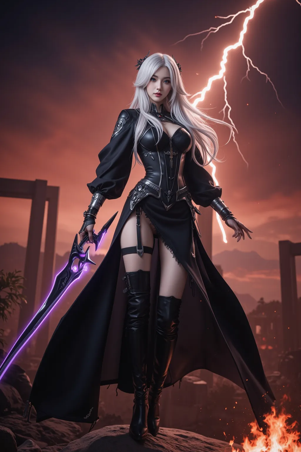 A stunningly beautiful female warrior, a perfect fusion of Sephiroth from ‘Final Fantasy’ and 2B from ‘NieR: Automata.’ She possesses an air of cold elegance, with piercing silver eyes that reflect wisdom and battle-hardened experience. Her long silver-whi...