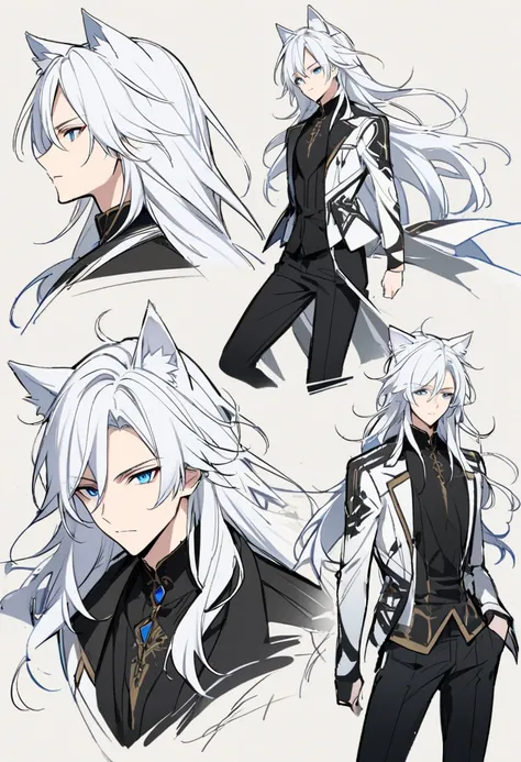  Handsome,  alone,  male, long hair,,  white hair ,  Blue Eyes , remains, black shirt,  black pants , white jacket，Character Design Draft，forward，Three views，High target，forwardを向いている
最佳质量,  animal ears , Cat ears, 