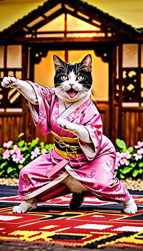 A cat wearing a kimono is breakdancing in front of a Hina doll、 photo style , from the front,Clap with both hands ,The background is a mansion 