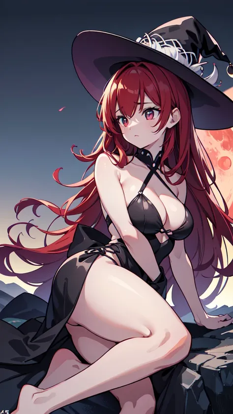 The prompt for Stable Diffusion generation is as follows:

"Witch,RPG,Sorceress,Magic,Red-haired Woman, black and white one-piece stylish bikini with contrasting black and white patterns witch hat.  red moon beach night,(best quality,4k,8k,highres,masterpi...