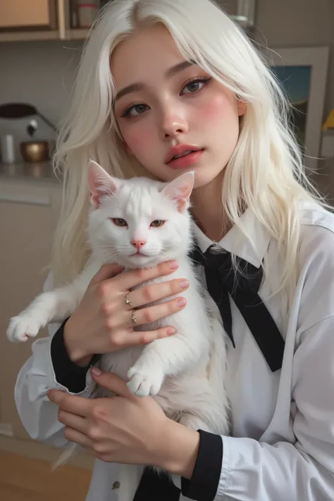  blonde holding a cat in her arms, longos  white hair e franja,  with long white hair, com longos  white hair,  of the white cat,  White  ( Cat ) girl, very beautiful cute kitten,  attractive cat, white hime cut hairstyle,  light hair, longos  white hair, ...