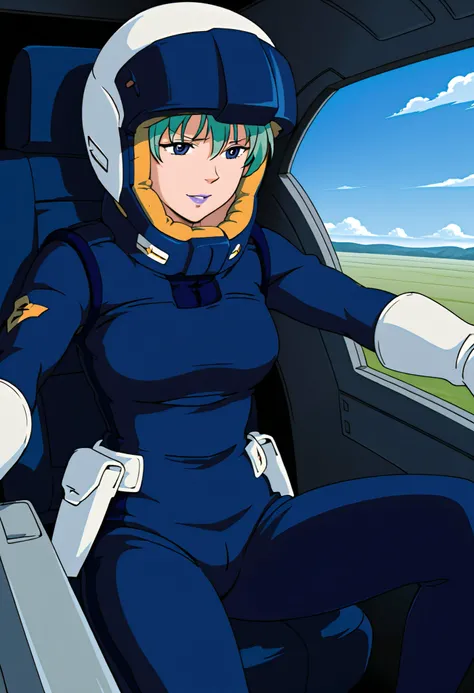 masterpiece, best quality, amazing quality,source_anime, murasame, 1 female, pilot helmet,green hair,  blue eyes, purple lips, pilotsuit,gauntlet, holster, pilotshoes, 、 is the cockpit in the background、 sits in the cockpit、Anxious face、