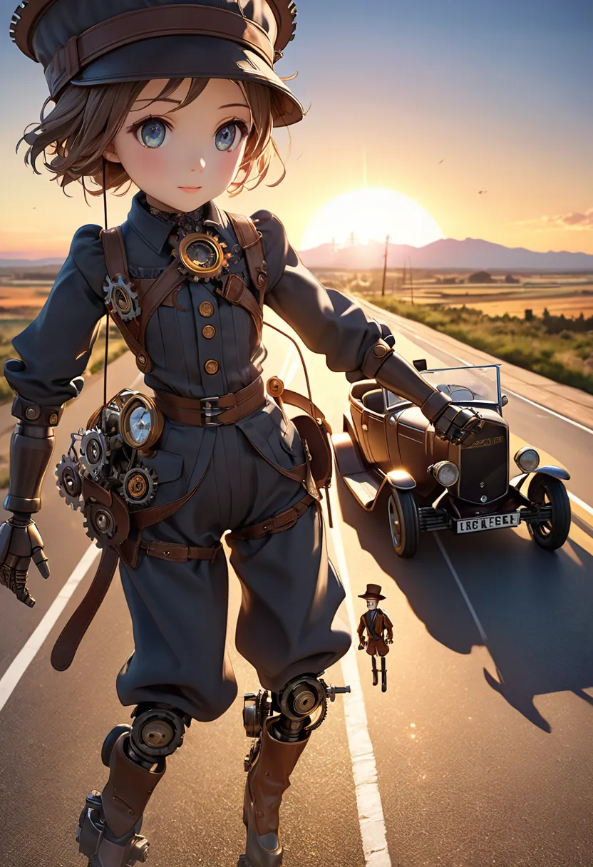 Mechanical marionette and mechanical car with exposed parts, A marionette in a traveler's outfit with partially exposed metal components, They are on an endless road heading toward the sunset with a beautiful evening sky in the background setting the scene...