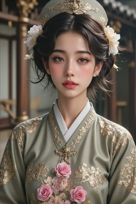 ( top quality, 8k,  masterpiece: 1.3), ((((((Incredibly Big Breasts: 0.8))))), hairpin, (beautiful face:1.3), Authentic Hanbok, 1920s Hanbok Style and Hairstyle, Baroque Building, 17th Century European