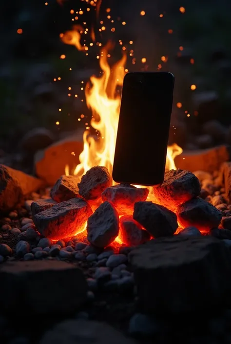 Charcoal fire, mobile phone tilted to the right of center