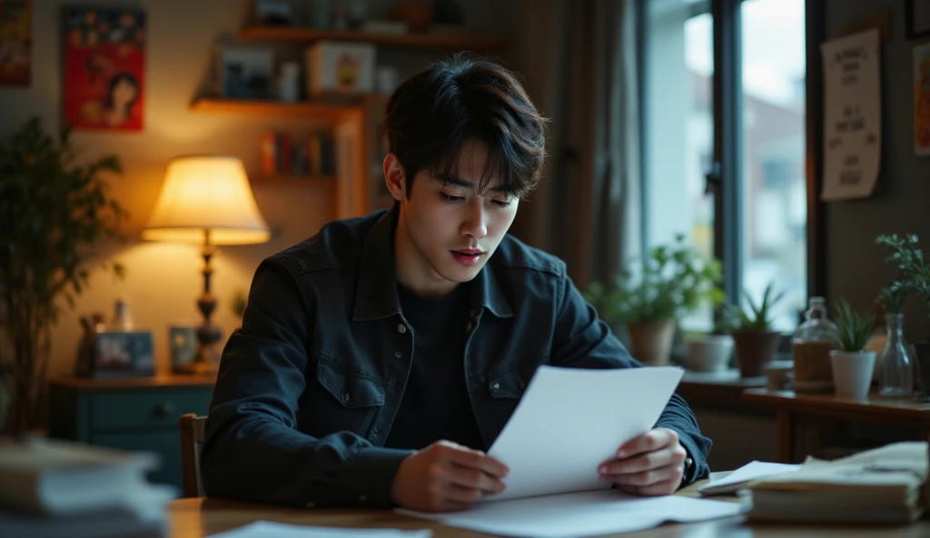 "A young man, Korean, Lee Min Ho, handsome, athletic body, 25 years old, wearing a casual office jacket, black sitting at the table, looking at a letter with a mixture of surprise and relief on his face. The room was filled with soft, warm light, creating ...