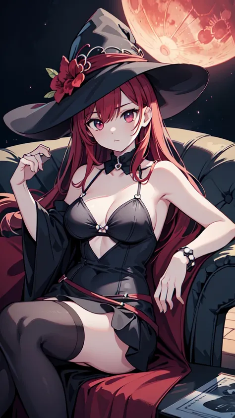 The prompt for Stable Diffusion generation is as follows:

"Witch,RPG,Sorceress,Magic,Red-haired Woman, black and white one-piece stylish bikini with contrasting black and white patterns witch hat.  red moon beach night,(best quality,4k,8k,highres,masterpi...