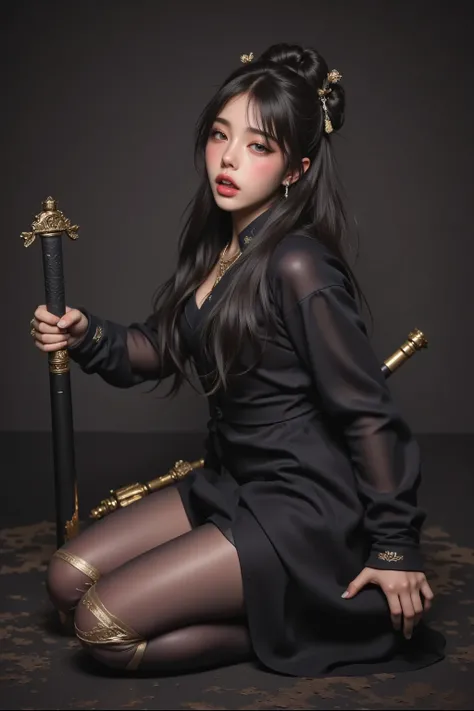 Smoky makeup:2，Black eyeshadow:2，Black lips:2,anatomical correct:2,solo,1sword xuer ai yazawa style girl,1 Girl,Solitary,Black Hair,Hair Bun,Chinese clothes,Keep,Keep weapon,twice as good,Bangs,blunt Bangs,One knee,looking at the audience,Jewelry,earrings,...